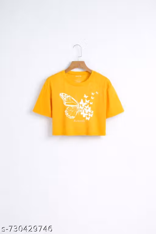 Girls Butterfly Print Crop Top | Half Sleeve Cotton Casual Crop T-Shirt for Girls (Yellow)
