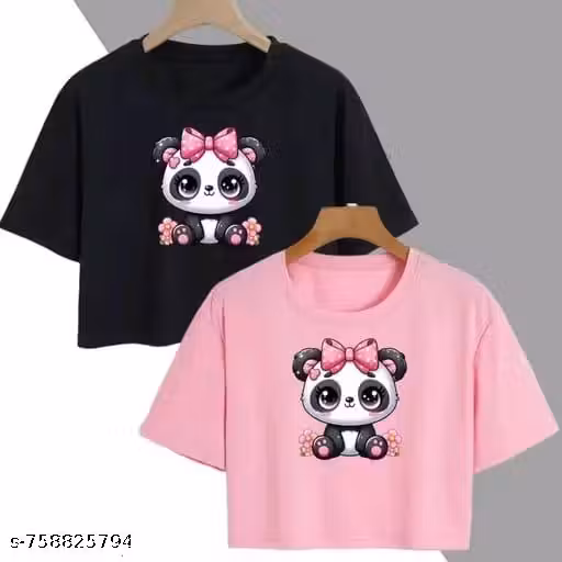 Girls Panda Print Crop Top Combo Pack of 2 | Half Sleeve Cotton Casual T-Shirts (Black & Pink)