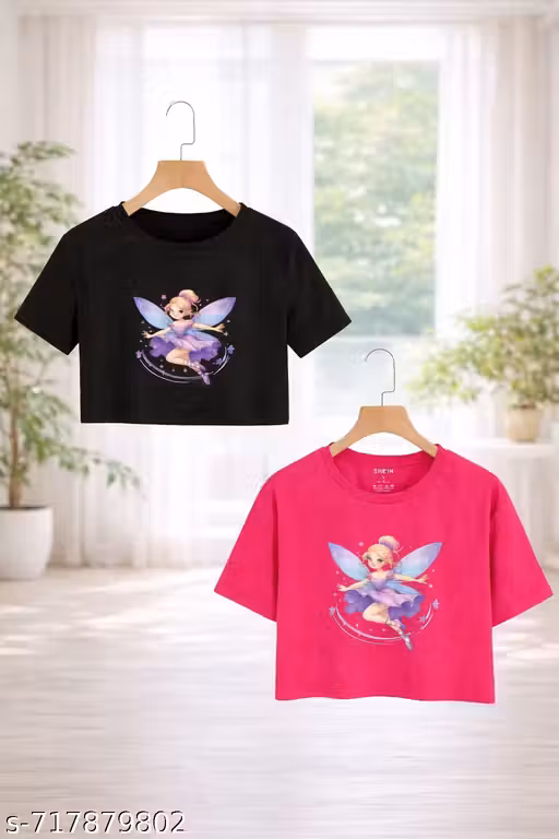 Girls Printed Crop T-Shirt Combo Pack of 2 | Cute Bunny & Butterfly Half Sleeve Cotton Tops (Black & Pink)