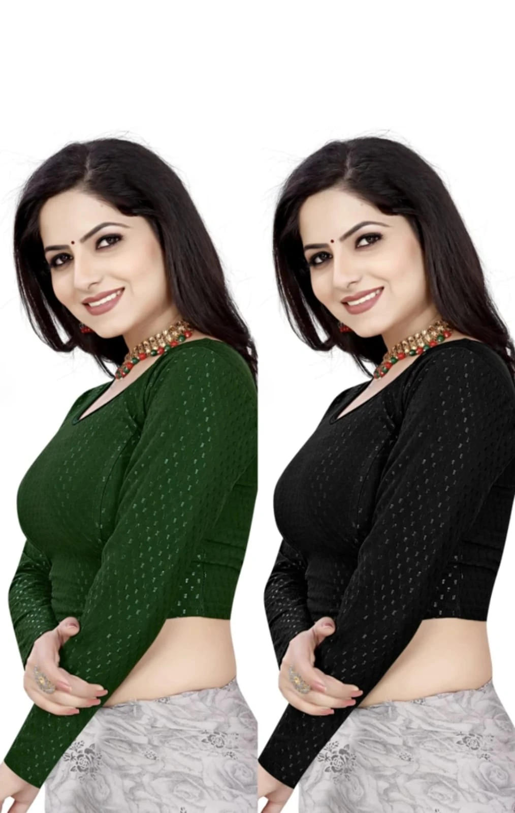 Classic Embroidered Blouse Pack of 2 for Women | Full Sleeve Readymade Saree Blouse | Stylish Ethnic Wear Blouse (Green & Black)