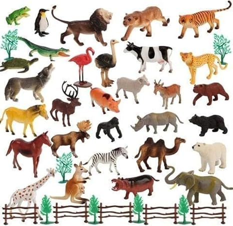 YOOKO® (12 PCS Animal Set Mini Jungle Animals Figure Toys Play Set | Realistic Wild Plastic | Includes Artificial Grass & Fencing | Learning Games for Boys, Girls, Kids