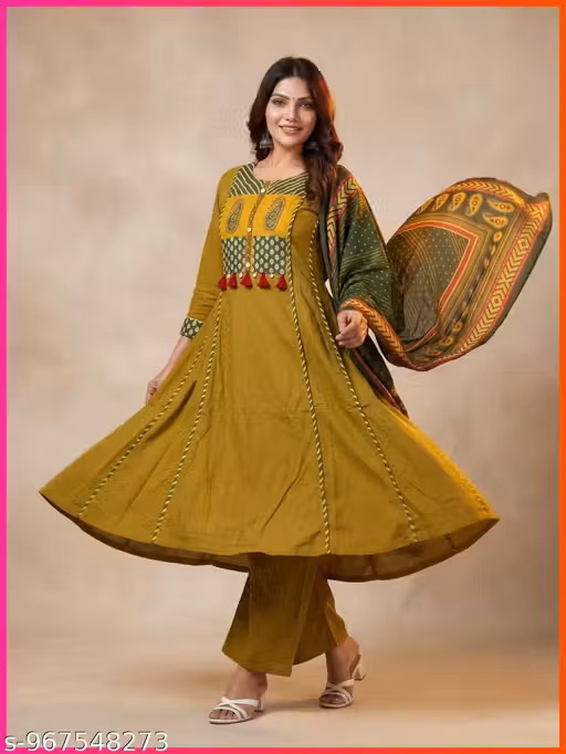 Maviraa Pure 100% Cotton Anarkali Suit set with Mal Dupatta for Women (Olive Green)