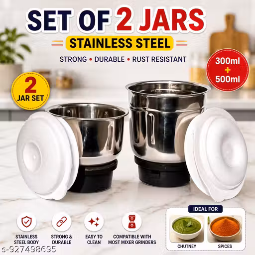 Mixer Grinder Jar Set 2 Pieces | 300ml 500ml Stainless Steel | Heavy Quality Mixie Jar | Small & Medium | Compatible with Most Mixer Grinders| Kitchen use