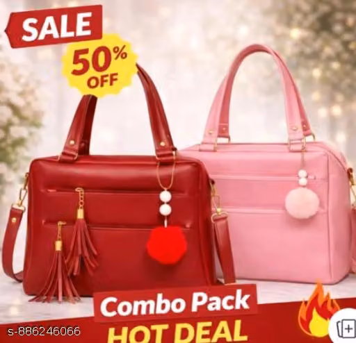 Women’s Stylish Handbag Combo Pack (Red & Pink) | Fashion Tassel Shoulder Bags with Pom Pom Charm