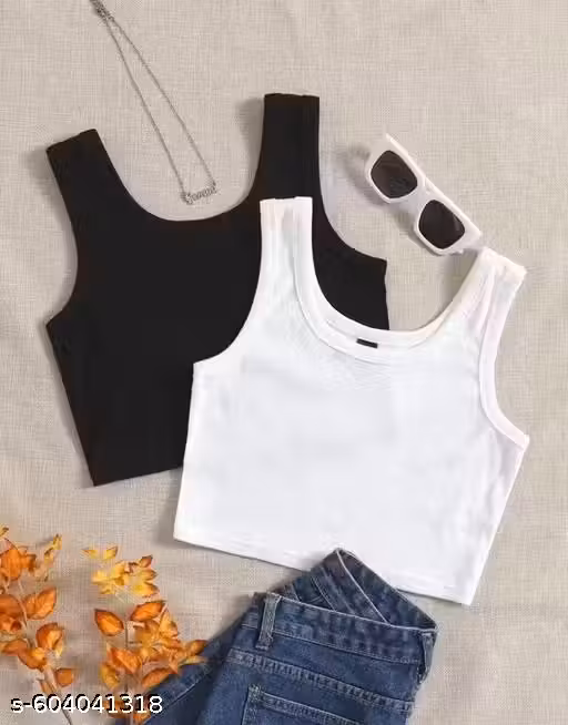 MANISH SD Trendy Black & White Ribbed Sleeveless Crop Tank Top for Women/Girls – Stylish Casual Wear