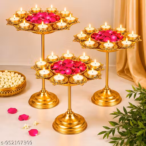 Golden Metal Floating Diya & Tea Light Candle Stand Set of 3 for Home Decor, Pooja & Diwali Decoration (12, 14 & 16 Inch)