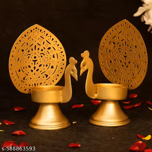 Set of 2 Peacock Candle Holder | Decorative Diya Stand for Home Décor, Pooja & Gifting (4.5 Inch, Golden Finish)