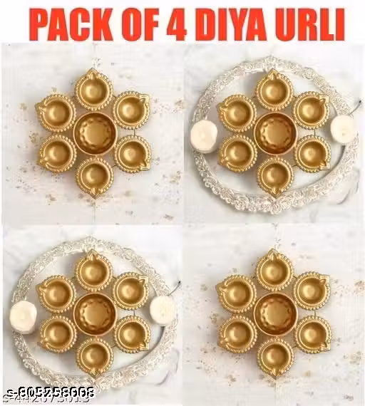 Golden Multi Diya Tealight Plate Set of 4 | Decorative Diya Stand for Diwali, Pooja & Home Decor