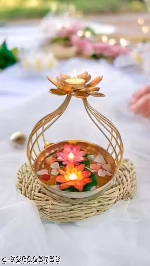 Golden Lotus Bowl Tealight Candle Holder with Hanging Diya | Decorative Urli for Home, Diwali & Pooja