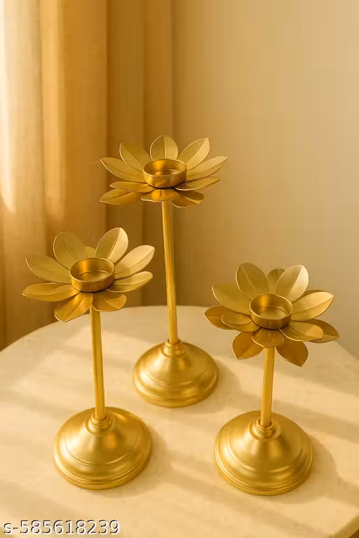 Loteus Design Candle Holder Stand | Set of 3 Decorative Candle Stands (12, 10 & 8 Inch) | Golden Finish Home Decor & Pooja Item