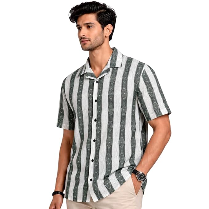 Men's Printed Vertical Stripe Casual Shirt | Half Sleeve Button Down Regular Fit Shirt | Green & White