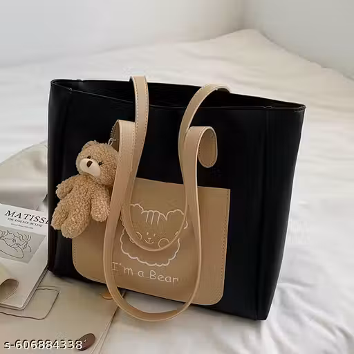 Trendy Tote Bag for Women & Girls with Cute Teddy Bear, Front Pocket Design, Spacious Shoulder Handbag for Office, College, Shopping, Travel & Daily Use Stylish Everyday Carry Bag