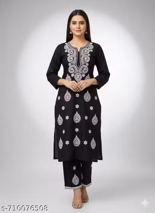 Chikankari Set, Black Kurti, Rayon Suit, Embroidery Kurta, Women Ethnic, Kurti Pant Set, Lucknowi Work.