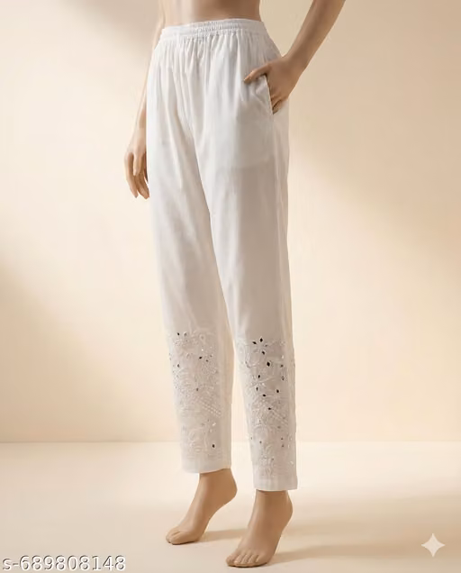 Women's White Cotton Embroidered Pants with Mirror Work | Chikankari Style Ethnic Trousers/Lucknowi Chikan pants white
