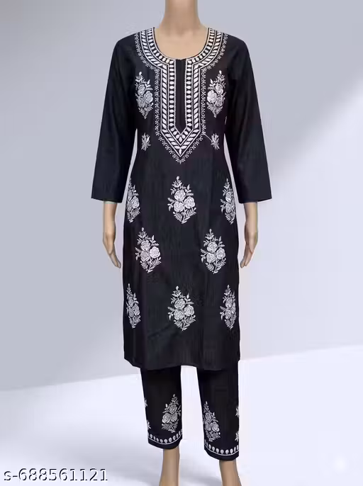 Women's Black Denim Elegant white Embroidered Straight Kurta with Matching Trousers – 2-Piece Ethnic Set