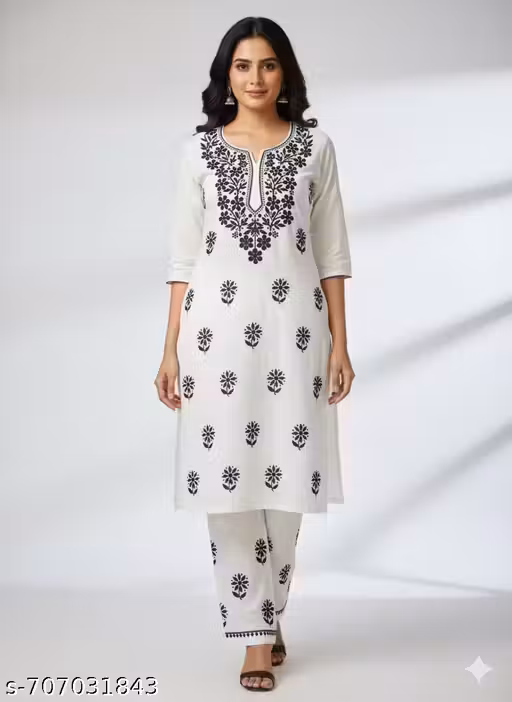 White Rayon Kurti Set with Pant | Black Floral Work | Office & Daily Wear Ethnic Suit for Women
