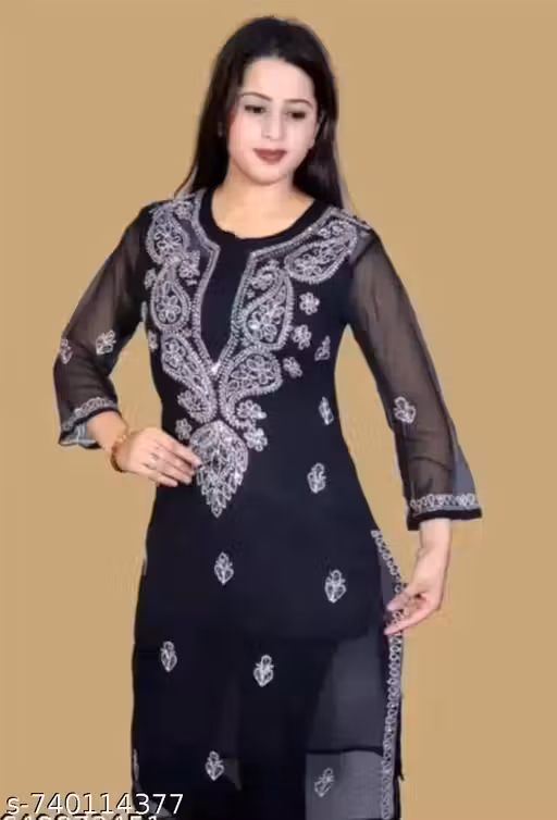Black Georgette Hand-Embroidered Lucknowi Chikankari Kurti with Mirror Work with matching inner cotton
