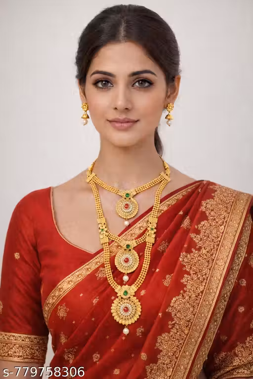 Traditional Gold-plated 3-Layer Long Necklace Set with Earrings for Women