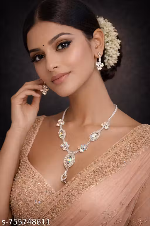 Elegant Silver-Plated Floral Crystal Necklace Set with Matching Earrings for Women and Girls