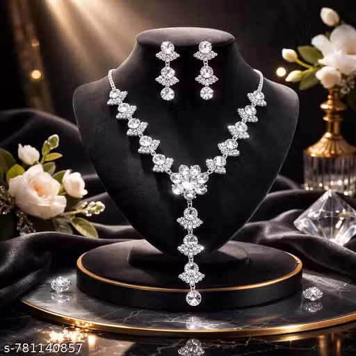 Elegant Silver-Plated American Diamond Floral Necklace Set with Drop Earrings