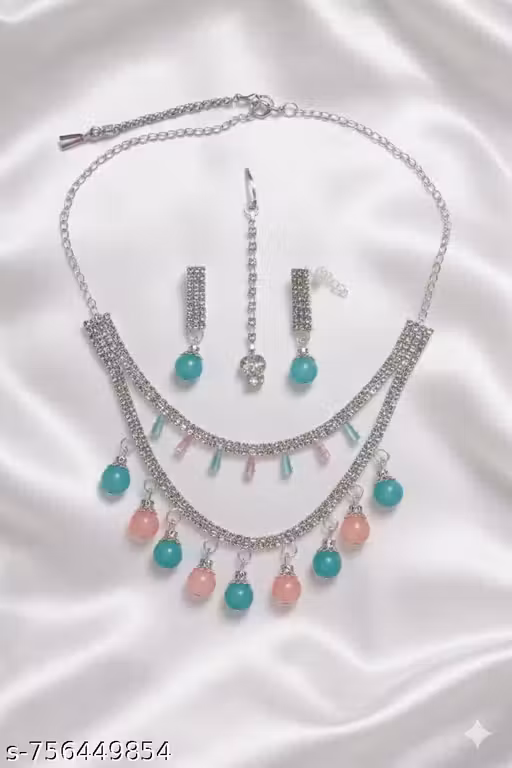 Elegant Silver-Plated Pastel Pink & Turquoise Blue Bead Necklace Set with Earrings and Maangtika for Women