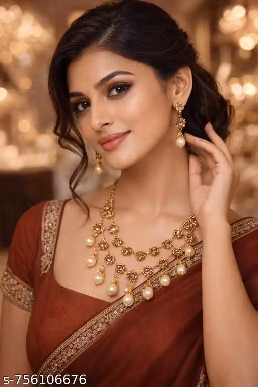 Traditional Kundan-Style Floral Gold Jewellery Set for Women & Girls (1 Necklace, 1 Pair Earrings)
