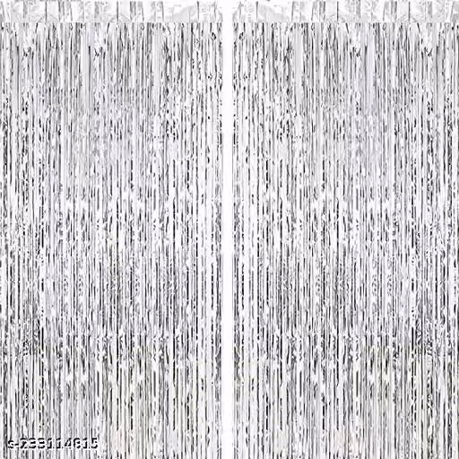 Domios 2 Pcs 2.5ft x 5ft Metallic Tinsel Fringe Foil Curtains Anniversary, Birthday, Bachelorette, Baby Shower Party Decoration - Pack of 2(Silver)