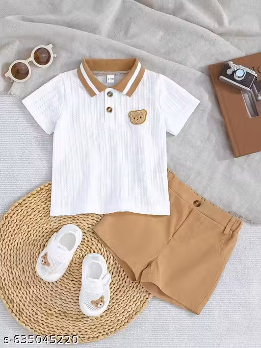 FASHION FACTORY Trendy Baby Boy Co-Ord Set – Brown Polo T-Shirt & Shorts Combo (2-Piece Set)
