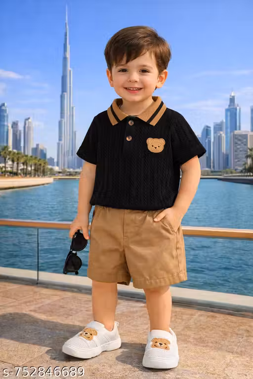 Premium Boys Polo T-Shirt & Shorts Set with Cute Bear Patch