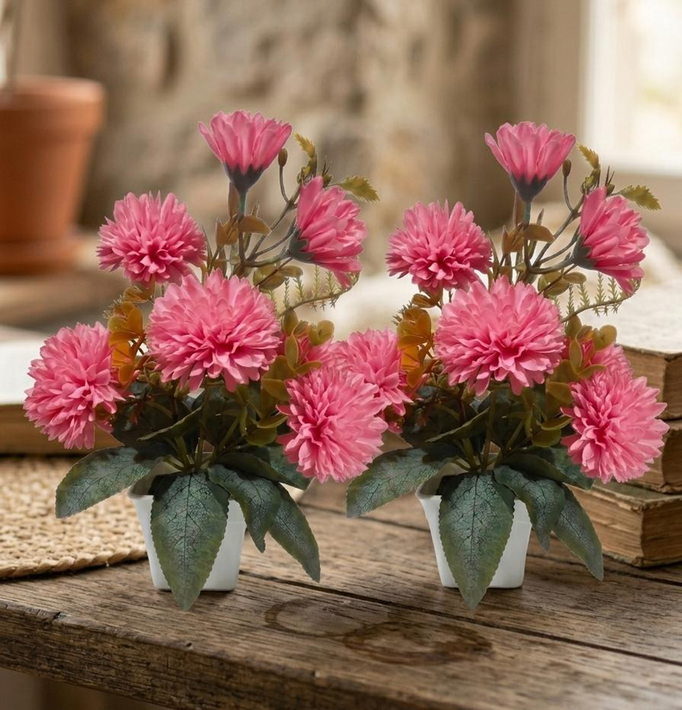 ANANDANI Pink Wild Flower Artificial Flower (24 cm, Pack of 2, Flower with Basket)
