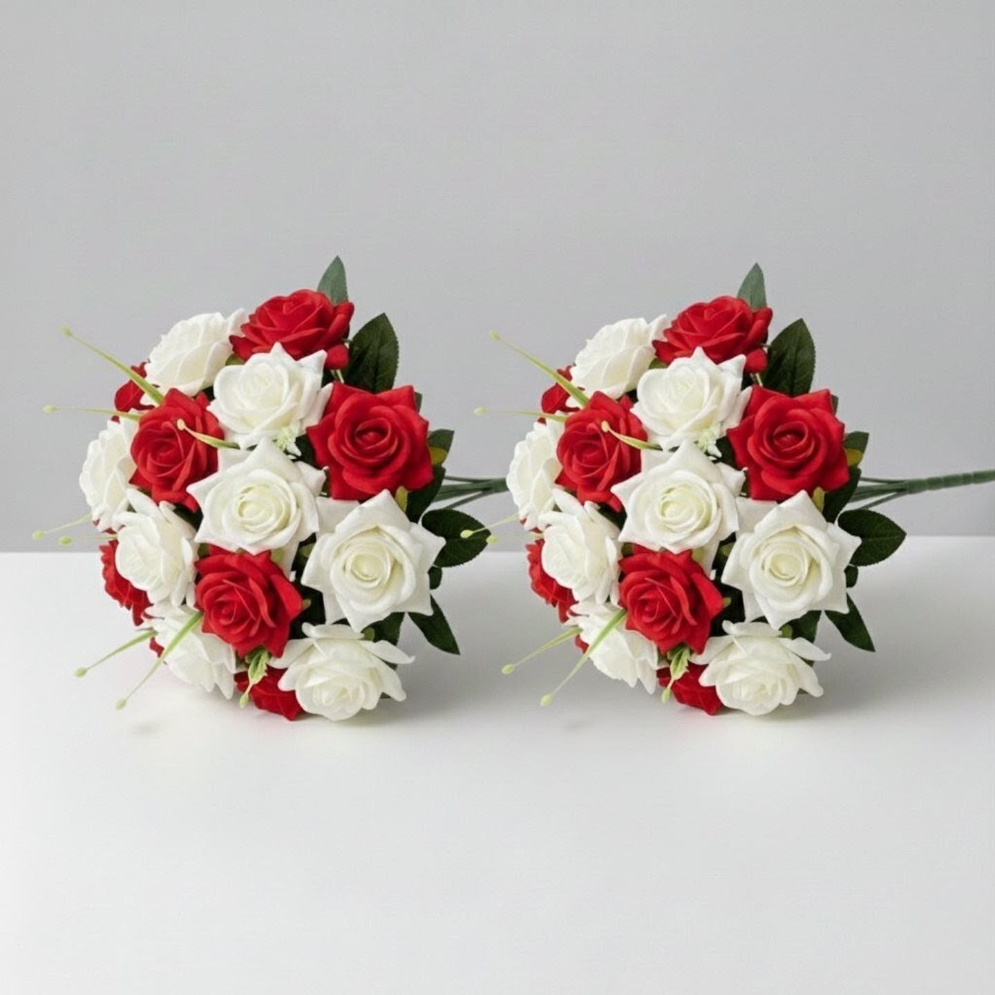 PREMA SHINE Artificial Rose Flower Bunch | 7 Head Each | Plastic Flowers for Decoration White, Red Rose Artificial Flower (40 cm, Pack of 2, Flower Bunch)