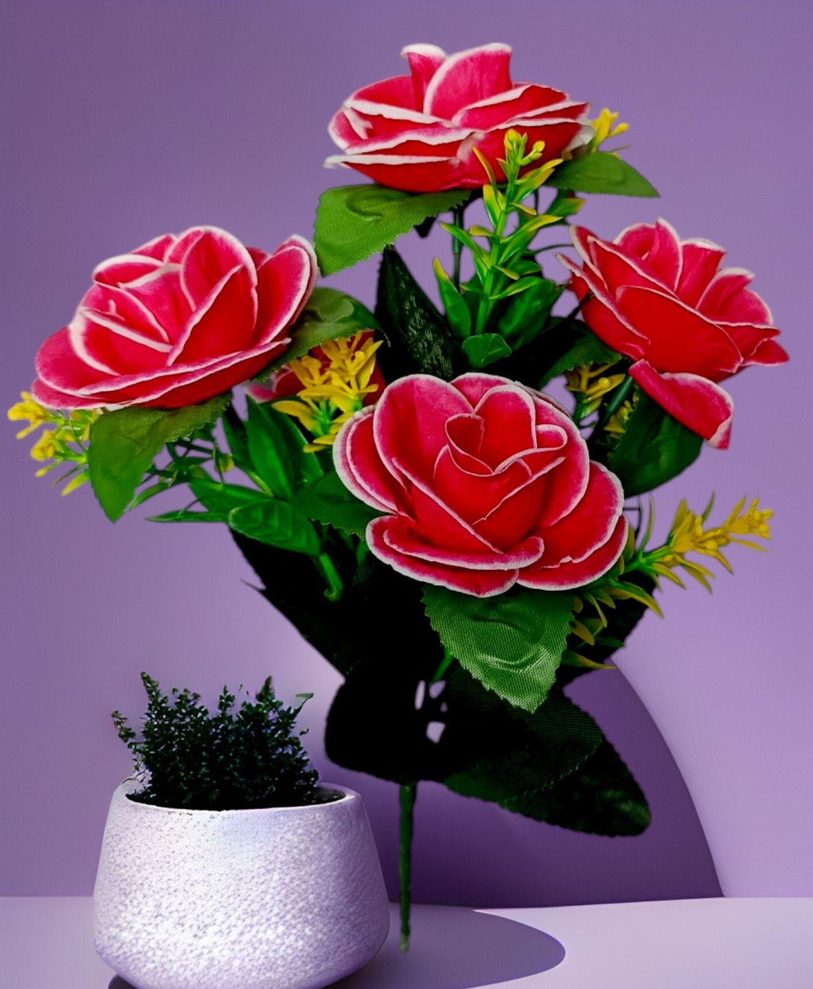 oms Artificial Flower bunch for Home decor (5 Heads) Pink, White Rose Artificial Flower (33 cm, Pack of 1, Flower Bunch)