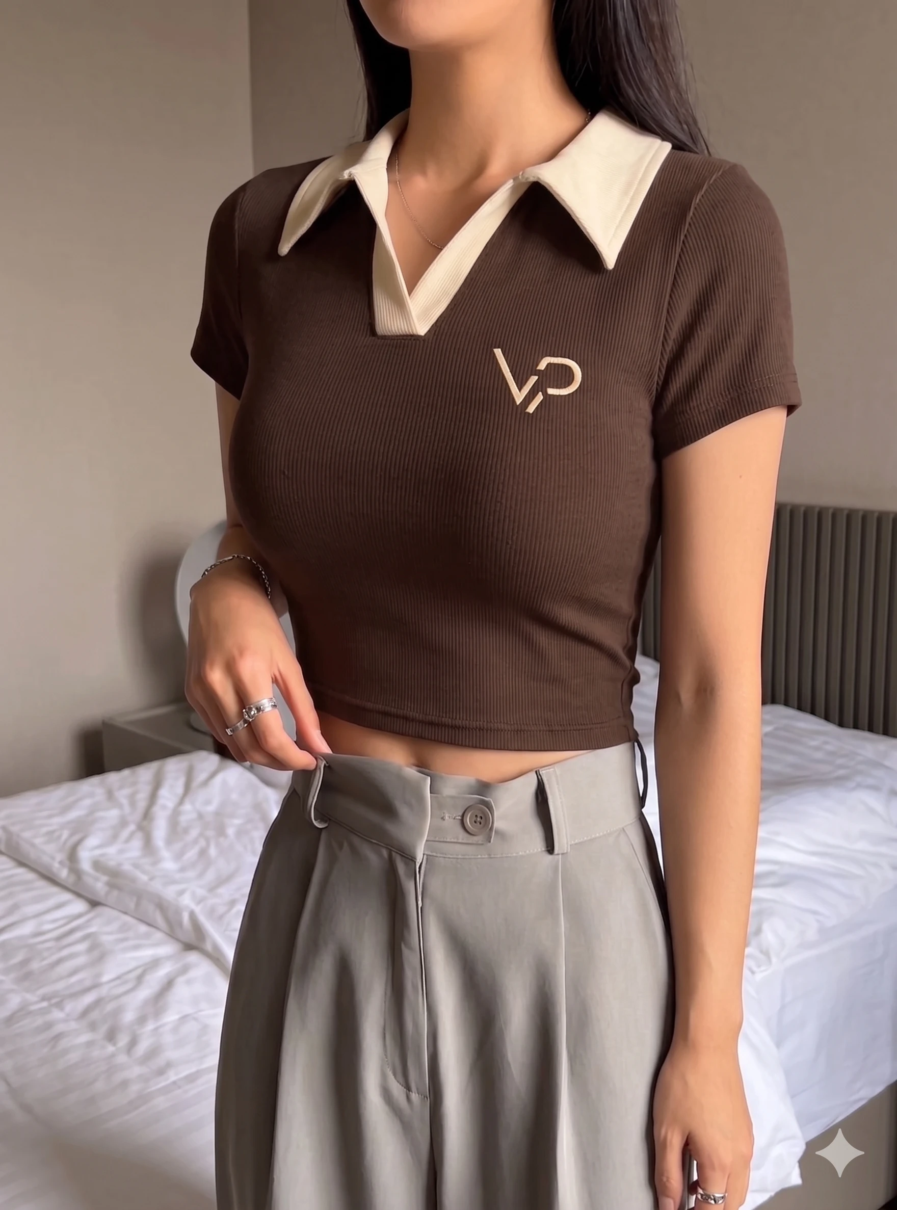 Women's Brown Ribbed Polo Crop Top with Contrast Collar