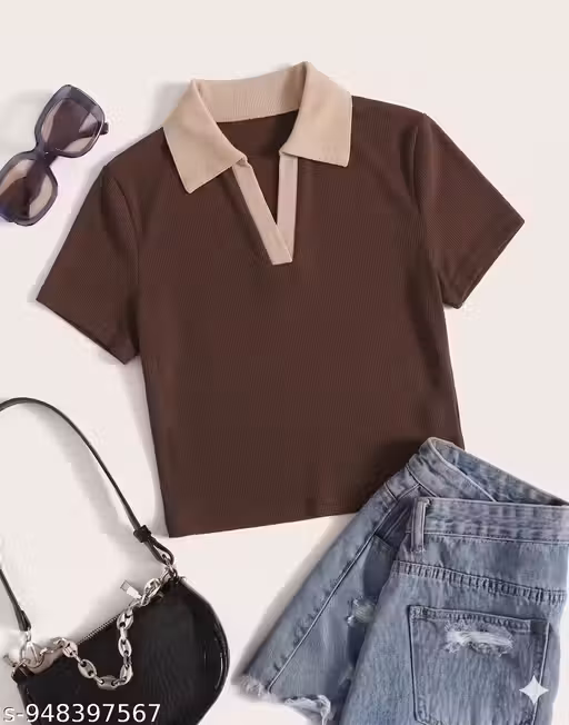 Women's Casual Ribbed Polo Collar Crop Top | Light Weight Summer Wear Top