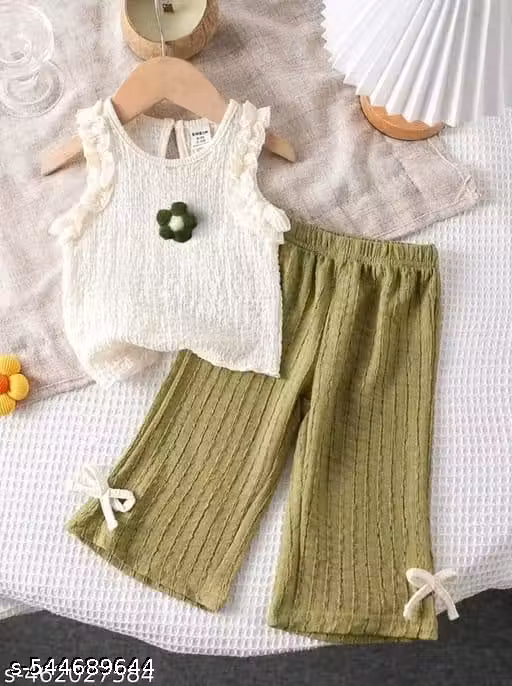Sot Sleeve Ruffle Top & Bow -Tie Flare Pants Set For Girls|Summer Clothing Girls kids