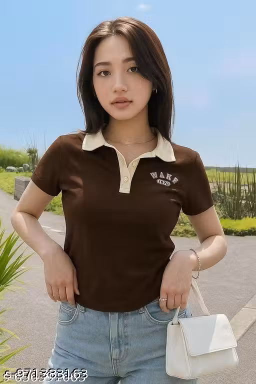Trendy Korean Style Women's Brown Polo Neck T-shirt | Crop Top Under 199