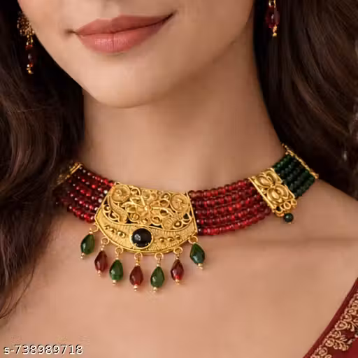 Traditional Gold Plated Red & Green Beads Choker Necklace Set