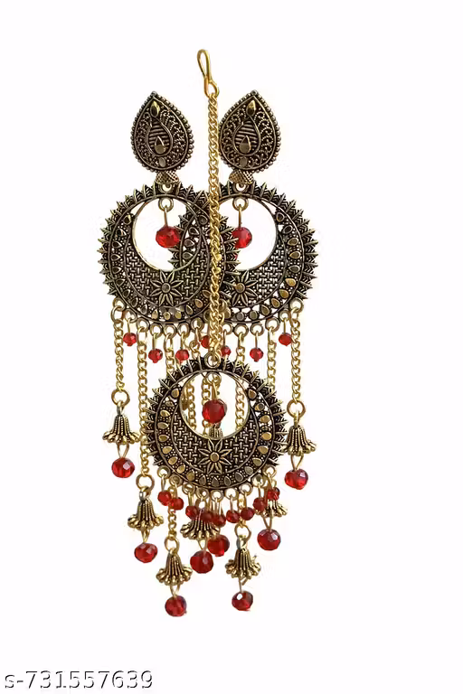 Antique Gold Plated Red Bead Chandbali Earrings & Mang Tikka Set