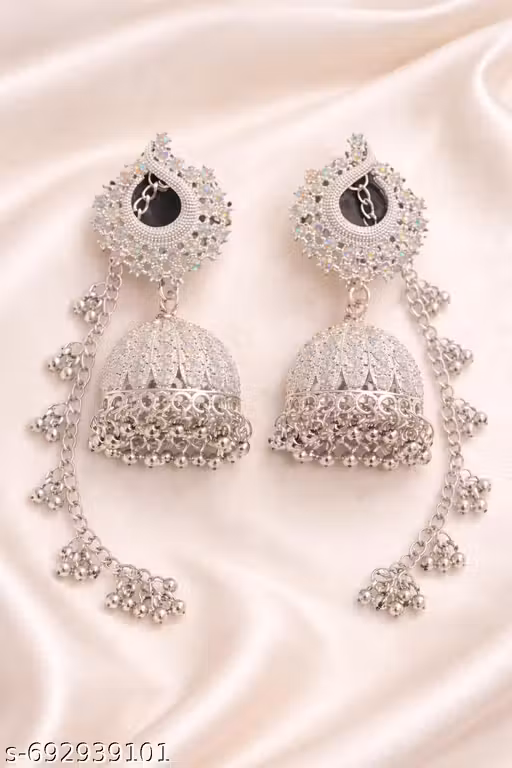 ✨ Silver-Tone Sparkling Jhumka Earrings with Chain Tassels ✨
