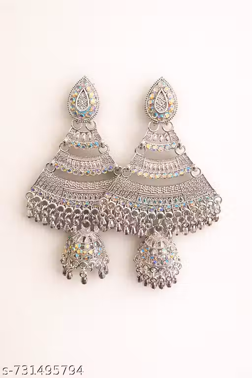 Oxidised Silver Look Chandbali Jhumka Earrings with Multicolor Stones