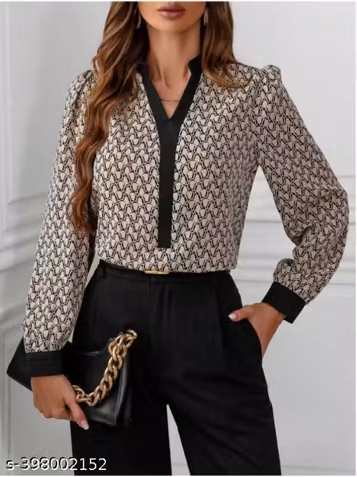 TOP, Women's Geometric Print V-Neck Office Wear Top, Formal Long Sleeve Shirt with Geometric Pattern & Cuffed Sleeves, Trendy Western Wear V-Neck Top for Girls/Ladies, Office Ready V-Neck Puff Sleeve Top in Beige, Elegant Puff Sleeve Office Top, Modern Be