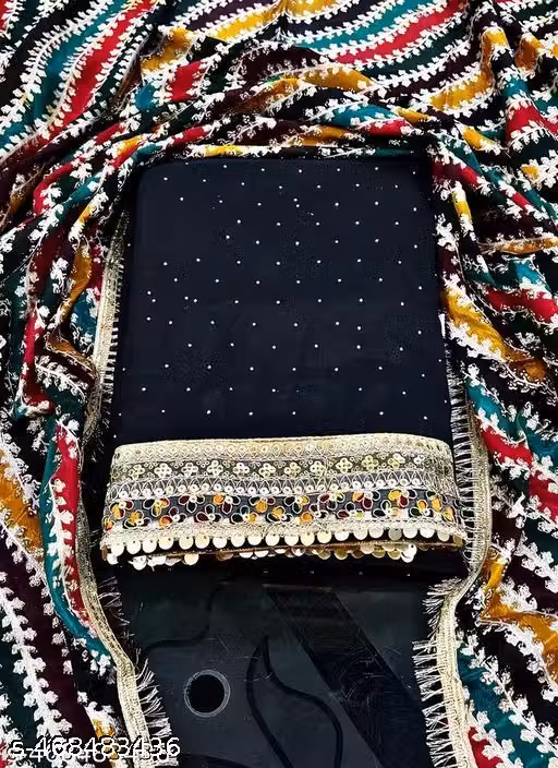 Polyster/Crepe fabric-Myra Superior Salwar Suits & Dress Materials, Polyster/Crepe fabric-Aakarsha Graceful Salwar Suits & Dress Materials, Black Festive Suit Set with Vibrant Patchwork Material, Rajasthani Style Black & Multi-Color Salwar Kameez Material