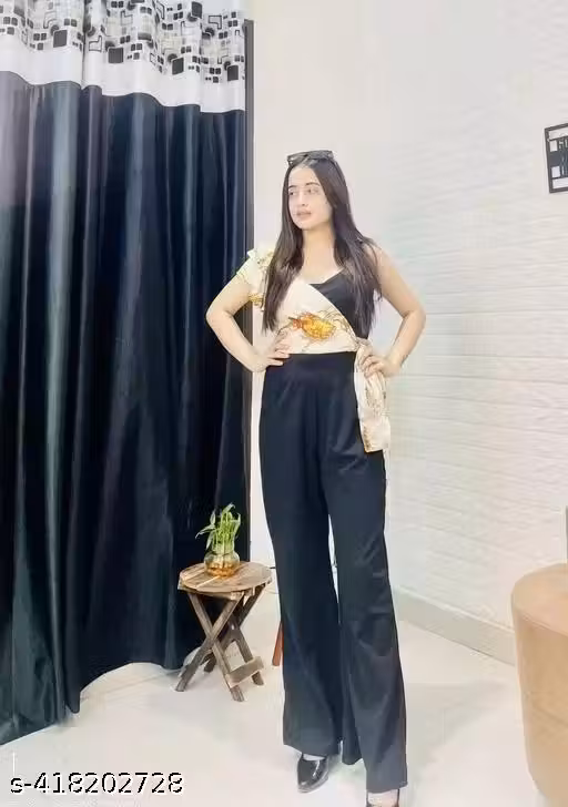 Classic Ravishing Women Jumpsuits, Designer Western Jumpsuit with One Shoulder Print, Black Wide-Leg Jumpsuit with Ruffle Sleeve Print, Stylish Party Wear Black Jumpsuit for Women, Trending Fashionable Jumpsuit Black & White.