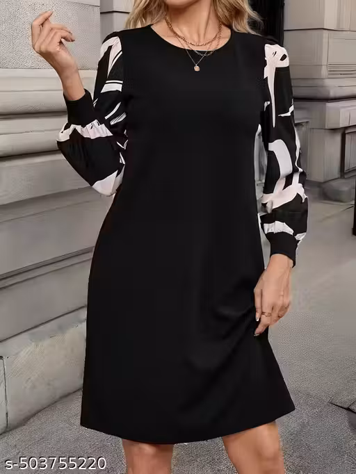 Classic Elegant Women Dresses, Black Dress with Designer Sleeves, Black Dress with Statement Cuffed Sleeves, Women's Round Neck Black Western Dress with Contrast Printed Cuffed Sleeves, Ladies Solid Black Round Neck Dress with Patterned Sleeves.