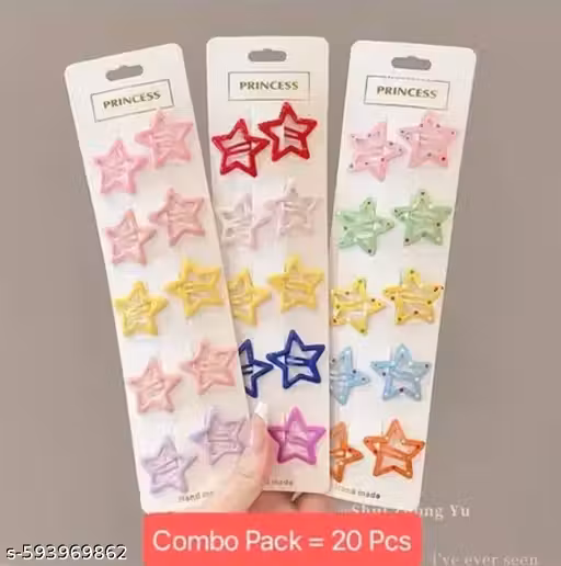 Pack of 20 colorful star-shaped hair clips. Made with high-quality material, these clips are lightweight, stylish, attractive look. Perfect for kids, girls, and women to wear at school, parties, or daily use.