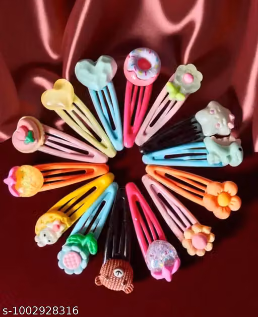(PACK OF 10) Kids Cartoon Snap Hair Clips for Girls |Cute cartoon designs like flower, heart, donut, fruit & animal Colorful Metal Tic Tic Hair Pins |
