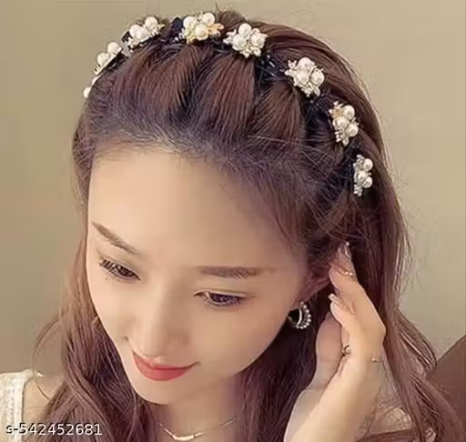 Women Floral Pearl Hair Band Stylish Black Hairband for Girls Party Wear Head Accessory