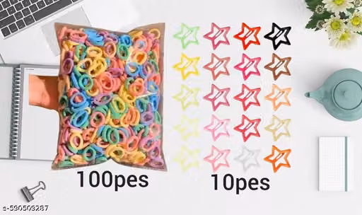 Multicolor Soft Hair Rubber Bands (100 Pieces) with Star Shape Hair Clips (10 Pieces) Combo Set for Girls & Kids | Cute Hair Accessories Pack