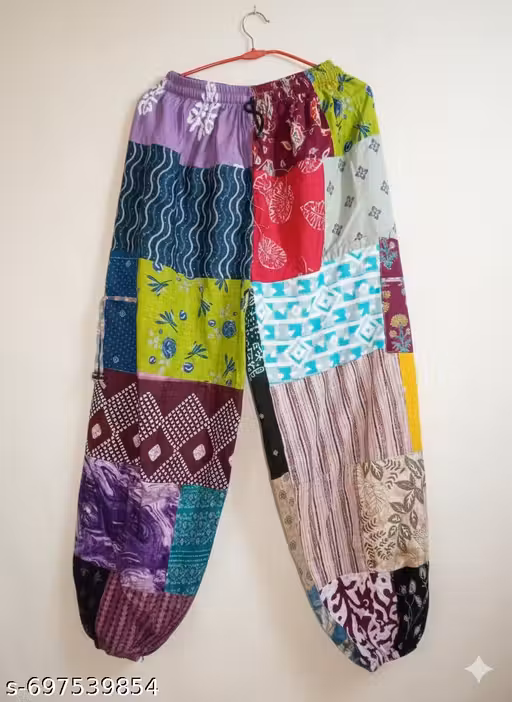 Women Trendy Multicolor Patchwork Cotton Harem Pants | Boho Ethnic Loose Fit Lower with Elastic Waist for Daily Wear, Casual Outings, Yoga & Lounge Use
