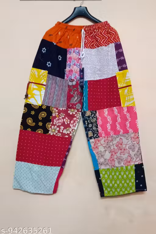 Women Pure Cotton Patchwork Trouser | Multicolour Palazzo Style Pants Women Bohemian Patchwork Pure Cotton Loose Palazzo Trousers